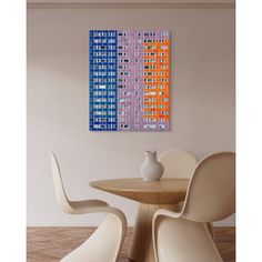 a table with two chairs and a vase on it in front of a wall hanging