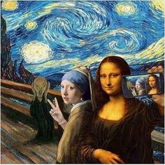 the painting has been altered to look like it is taking pictures with her cell phone