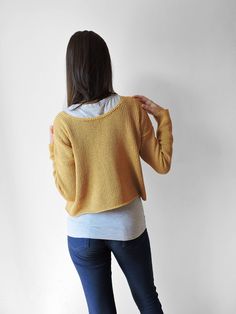 "Women's Cotton Cardigan Sweater, Open Back Sweater, Hand Knitted Sweater 2 in 1- cardigan and open back sweater. Soft and cute, you can wear it as a casual cardigan or as a backward cardigan, like a blouse. Here shown in ochre, denim blue and claret. You can choose any of our colors shown in the samples! Knitted with great care in smoke-free & pet-free environment! Yarn: - 80% cotton - 20% acrylic Measurements: XS (US 0-2; UK 4-6; EU 32-34) length - 45 cm ( 17.7\" ) sleeve length - 56 cm ( Boho Knitted Cardigan, Plus Size Knitwear, Open Back Sweater, Mustard Yellow Sweater, Boho Knit, Black Knit Cardigan, Cozy Knit Sweater, Knit Turtleneck Sweater, Hand Knitted Sweaters