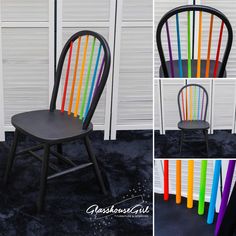 the chair is made out of different colored sticks and has a black finish on it