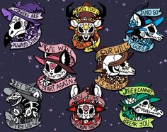 six different colored skulls wearing hats and holding banners with words on them, all in the same