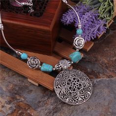 New Tibetan Silver Round Pendant Necklace With Turquoise Stones Color: Silver, Turquoise Stone Statement Necklace, Round Pendant Necklace, Bohemian Necklace, Silver 925 Necklace, Gemstone Necklace Pendant, Turquoise Pendant, Round Pendant, Boho Necklace, Silver Turquoise