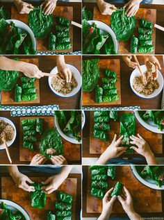 the process of making spinach salad is shown in multiple pictures, including hands and spoons