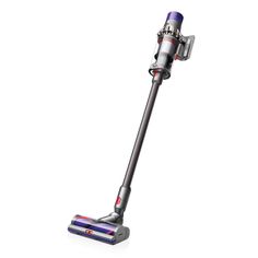 a purple and silver vacuum cleaner on a white background