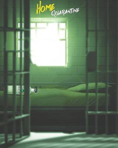 a jail cell with a bed in it and the words home quarantime written on the wall