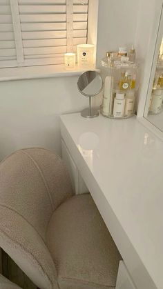 a chair sitting in front of a white counter