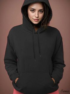 Eromis - Womens Plus Size Casual Sweatshirt: Wing Print Long Sleeve Drawstring Hoodie with Pockets Fleece Hoodie With Drawstring And Crew Neck, Stretch Drawstring Hoodie Sweatshirt, Basic Hoodie With Adjustable Hood And Crew Neck, Black Fleece Hoodie With Drawstring, Black Drawstring Hoodie, Womens Casual, Drawstring Hoodie, Plus Size Casual, Casual Sweatshirt