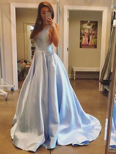 V Neck A-line Light Blue Gray Satin Prom Dress Open back Women Evening Dress Cheap Red Prom Dresses, Sky Blue Prom Dress, Puffy Prom Dresses, Satin Halter Dress, Prom Dresses With Pockets, Custom Prom Dress, Simple Prom Dress, Dress With Pleats, V Neck Prom Dresses