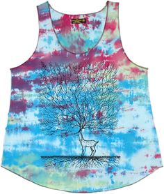 Summer can be led in the most fun way with this vibrant and cheerful tank top.  With a tie-dye style backdrop of blue, red, and lime; it serves as the perfect canvas for a silhouette of a tree - the tree of life, symbolizing connecting all forms of creation. #tlb #Sleeveless #Yoga #vacationclothing #beachwrap #TieDye #TreeofLifeShirt Summer Multicolor Graphic Print Tank Top, Multicolor Graphic Print Tank Top For Summer, Casual Tie Dye Tank Top For Summer, Casual Summer Tie Dye Tank Top, Multicolor Graphic Print Tank Top For Spring, Blue Casual Top With Watercolor Print, Blue Casual Watercolor Print Top, Spring Tie Dye Cotton Tank Top, Casual Blue Watercolor Print Top