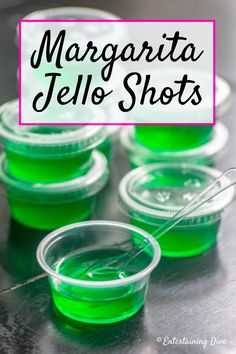 margarita jello shots in plastic cups with the title overlay that reads margarita jello shots