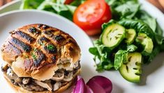 a plate with a burger, salad and tomatoes on it next to some cut up cucumbers