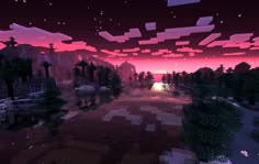 a sunset scene in minecraft with trees and bushes on either side of the road