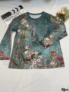 Bjux - Womens Plus Size Retro Floral Print Long Sleeve Round Neck T-Shirt Long Sleeve Tops With Digital Print For Summer, Long Sleeve Stretch Printed T-shirt, Printed Stretch Long Sleeve T-shirt, Green Printed Crew Neck Top, Casual Long Sleeve Tops With Sublimation Print, Green Digital Print Top For Summer, Green Long Sleeve Tops With All Over Print, Casual Stretch Top With Sublimation Print, Casual Stretch Tops With All Over Print