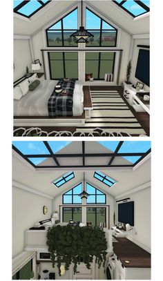 two views of a bedroom and living room from the same perspective, each with different windows