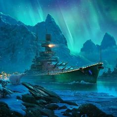 the polar bear is standing in front of an ice - covered ship with aurora lights above it