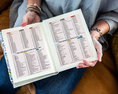 a person sitting on a couch holding an open book in their hands with the names and dates