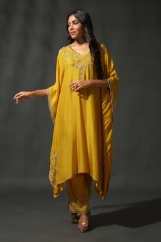 Yellow kaftan with thread embroidered floral blossom patterns, highlighted by sequins and beads. Comes with matching scalloped hem palazzo. - Aza Fashions Embroidered Anarkali Georgette Kaftan, Embroidered Anarkali Style Georgette Kaftan, Embroidered Georgette Kaftan For Eid, Intricate Embroidered Georgette Kaftan For Eid, Bollywood Style Embroidered Floor-length Kaftan, Intricate Embroidery Georgette Kaftan For Eid, Anarkali Hand Embellished Kaftan For Festive Occasions, Festive Anarkali Hand Embellished Kaftan, Bollywood Kaftan With Intricate Embroidery For Reception