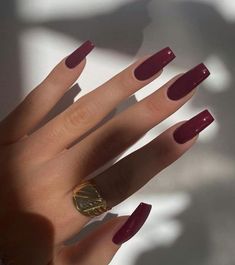 Wine Coffin Acrylic Nails, Short Square Nails Plain Colors, Burgundy Nails Square Long, Deep Merlot Nails, Dark Red Tapered Square Nails, Wine Square Nails, Long Maroon Nails, Square Long Nails Ideas, Wine Red Square Nails