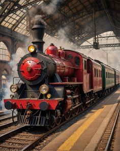 a red and black train traveling down tracks next to a loading platform at a train station