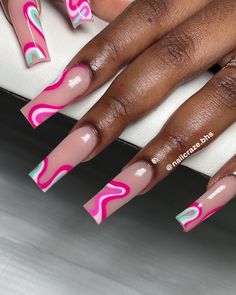 Swirly nail design #pinknails #nailinspiration #acrylicnaildesigns #cutenaildesigns #cutenailideas #nailideas #nailsofinstagram Nails Acrylic Coffin Colorful, Swirl French Tip, Squiggly Nail Designs, Swirl Nails Designs, Nail Tech Instagram, Swirl Acrylic Nails, Swirl Nail Designs, Abstract Nail Designs, Swirly Nails