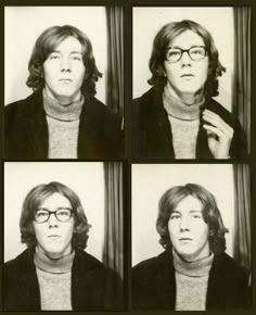 four black and white photos of a woman with glasses