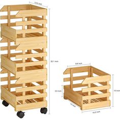 two wooden crates with wheels are shown side by side, and the other is labeled