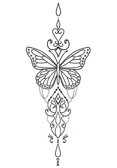 a black and white drawing of a butterfly with intricate designs on it's wings