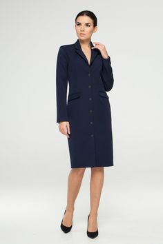 "This blazer dress would be perfect for the office or any other event that requires a more business casual dress code. - Button front fitted jacket dress - Lapel collar - Knee length (midi) - Long sleeves - With black metal buttons - Fully lined - Color: navy blue Fiber: 60% viscose, 35% polyester, 5 % elastane, lining - 95 % viscose, 5% elastane. Estimated shipping time: 10-12 business days For size S:dress length- 40,0 \" (102 cm), sleeve length 24\" (61 cm) Our model wears size S (US 6) and i Fitted Long Sleeve Blazer Dress For Office, Tailored Long Sleeve Dress With Button Closure, Chic Formal Jacket Dress With Notch Lapel, Chic Notch Lapel Jacket Dress For Formal Occasions, Fitted Professional Skirt Suit For Formal Occasions, Chic Fitted Blazer Dress For Office, Chic Formal Dresses With Hidden Button Closure, Single Breasted Long Sleeve Jacket Dress For Office, Single Breasted Long Sleeve Office Dress