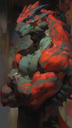 a painting of a red and green dragon with its hands on it's chest