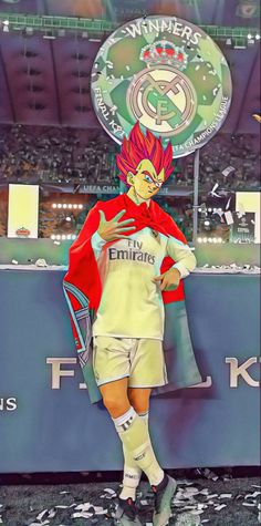 a digital painting of a soccer player standing in front of a stadium with his hands on his hips