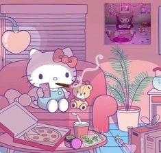 hello kitty eating pizza in her living room