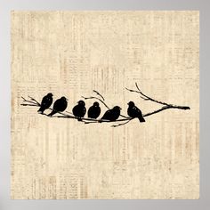 four birds sitting on a branch with the word love written in it's center