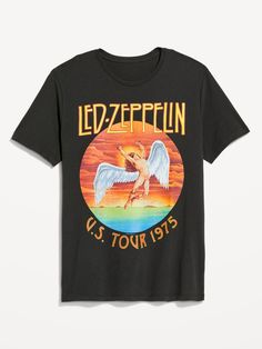 rib-knit crew neck short sleeves licensed graphic © 2024 Led Zeppelin. com relaxed fit hits below waist t-shirt uses our standard men's sizingmachine wash according to the care instruction label Men's Graphic Tees, Band Shirt, Mens Graphic Tee