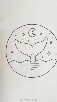 a drawing of a whale's tail with stars and moon in the sky above it