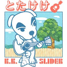 an image of a cartoon character playing the ukulele guitar in front of a fence