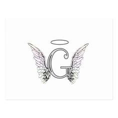 the letter g with wings and an angel's wing on top of it postcard