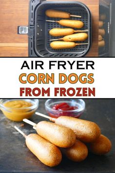 golden hot dogs in a row with text "air fryer corn dogs from frozen". Cooking Frozen Corn, Air Fryer Frozen Corn, Air Fryer Corn Dogs, Air Fryer Corn, Frozen Fish Fillets, Small Air Fryer, Fried Corn, Kid Friendly Snack