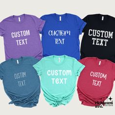 You will fall in love with custom shirt. Choose your font and color to design a shirt perfect for any occasion. Our group/family tees fit like a made of a soft cotton and have a custom quality print. well-loved favorite. All orders ship within 2-4 days and are backed by our 100% happiness guarantee.  ✨OUR SHIRTS - Classic unisex jersey  - Direct to Garment Print  - Runs true to size  ✨PROCESSING TIMES Your order will ship within 1-3 days and then another 1-4 days for deliver to you. If we expect additional delays due to holidays or weather, we will let you know. Please contacts us for express shipping options.  ✨SIZING  Take a look at the photos to see a specific sizing chart for this t-shirt style. Please note that these shirts are unisex size meaning they are not women's fitted shirts. I Funny Customizable T-shirt For Gifts, Customizable Short Sleeve Graphic Tee With Sublimation Design, Customizable Purple Crew Neck T-shirt, Customizable Family Matching T-shirts, Customizable Blue Short Sleeve T-shirt, Customizable Blue Crew Neck Shirt, Customizable Purple Short Sleeve T-shirt, Basic Cotton Sublimation T-shirt With Custom Print, Custom Text Cotton Shirt For Gift