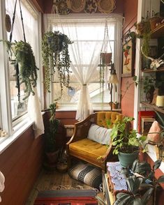 a room filled with lots of potted plants and hanging plants on the windowsill