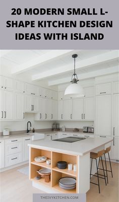 Modern small L-shaped kitchen with white cabinets and island with open shelving. Spacious Kitchens, Small Spaces, Kitchen Design