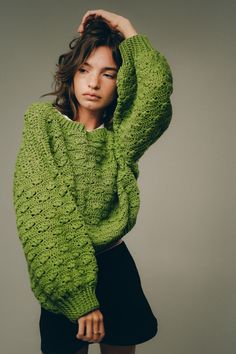 Crochet Green Puff Dream sweater, one of a kind, exclusive by Tania Skalozub Note: I am beginning to sell out some of my crochet clothes which are new, but were used in photo sessions on models, so may have some signs of previous use. Hand crocheted from CotLin YARN (70% Tanguis Cotton, 30% Linen) To fit S M  Sleeve length 35 cm + 7 cm ribbing Crochet Green, Diy Sweater, Great Expectations, Reference Photos, Sell Out, Handmade Fashion, Cozy Knits, Green Sweater, Crochet Sweater