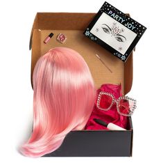 Level up your bachelorette party look with a colorful wig favor box with accessories from Vegas Wig Party.  No matter where your party is taking place, our bachelorette party boxes are the perfect way to celebrate your event in style. Each box is filled with a variety of fun and festive items put together in a stylish favor box. The Sophie wig has shoulder length curved ends and straight bangs and comes in dark blue, light pink, hot pink & purple. These reusable wigs are above and beyond the qua Colorful Wig, Party Boxes, Custom Bachelorette, Party Wig, Night Out Party, Wig Party, Face Gems, Straight Bangs, Party In A Box