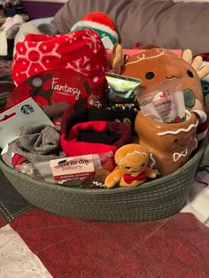 a basket filled with lots of items on top of a table