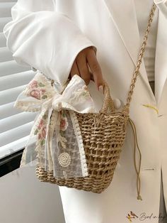 Bird in Bag - Mini Butterfly Bow Decorated Woven Tote Bag with Vacation Accents Spring Gift Rectangular Bucket Bag, Spring Gift Beige Bag, Brown Shoulder Bag Gift For Spring, Spring Beige Shoulder Bag Gift, Brown Shoulder Bag As Spring Gift, Beige Shoulder Bag As Gift For Spring, Beige Shoulder Bag As Spring Gift, Casual Beige Satchel As Gift, Cute Rectangular Spring Satchel