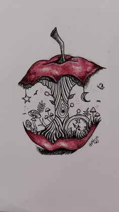 an apple drawing on paper with the image of a tree in it's center