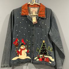 Denim Jacket With Snowman, Birds And Tree Winter Cotton Denim Jacket With Collar, Winter Cotton Collared Denim Jacket, Winter Collared Cotton Denim Jacket, Casual Collared Winter Denim Jacket, Casual Collared Denim Jacket For Winter, Collared Denim Blue Jacket For Winter, Vintage Collared Denim Jacket For Winter, Winter Denim Blue Outerwear With Buttons, Denim Blue Winter Outerwear With Buttons