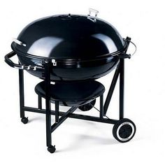 a black barbecue grill with wheels on it