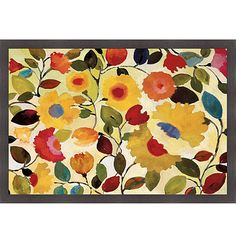 an abstract painting of flowers and leaves in yellow, red, green, orange and blue colors