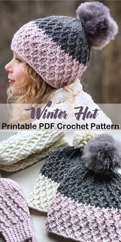 a knitted hat and mitten set with pom - pom on top