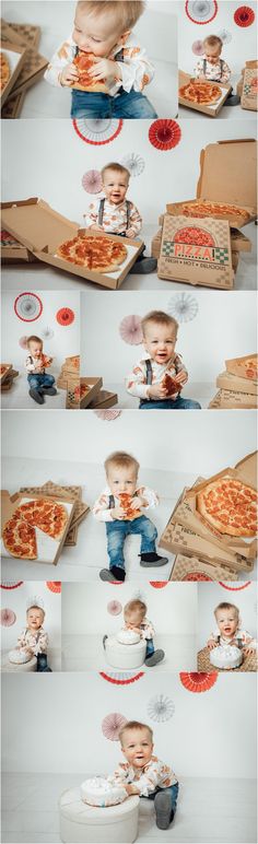 a collage of photos showing different stages of making pizzas and other food items